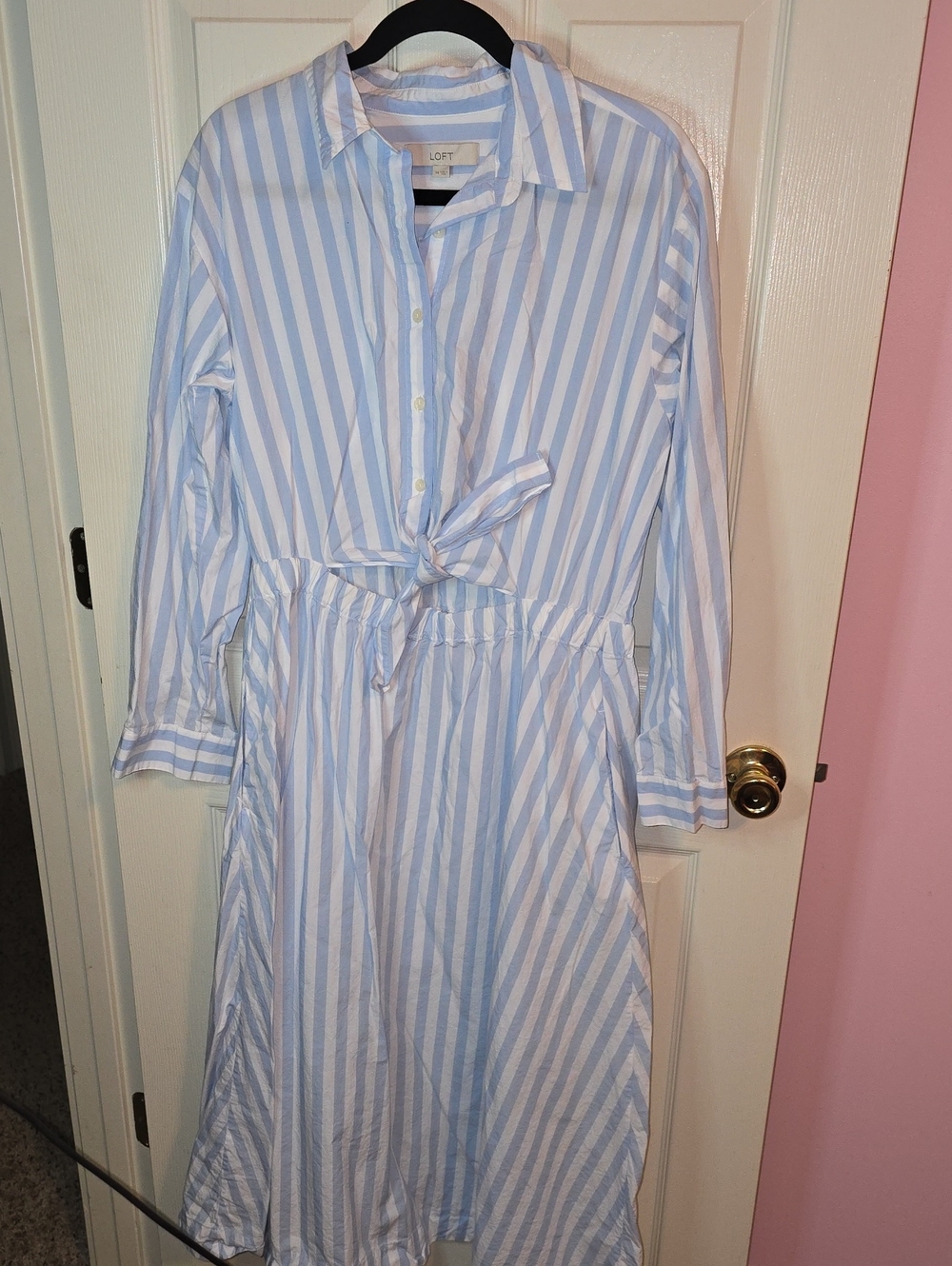 LOFT Light Blue & White Striped Long-Sleeve Tie-Waist Shirt Dress